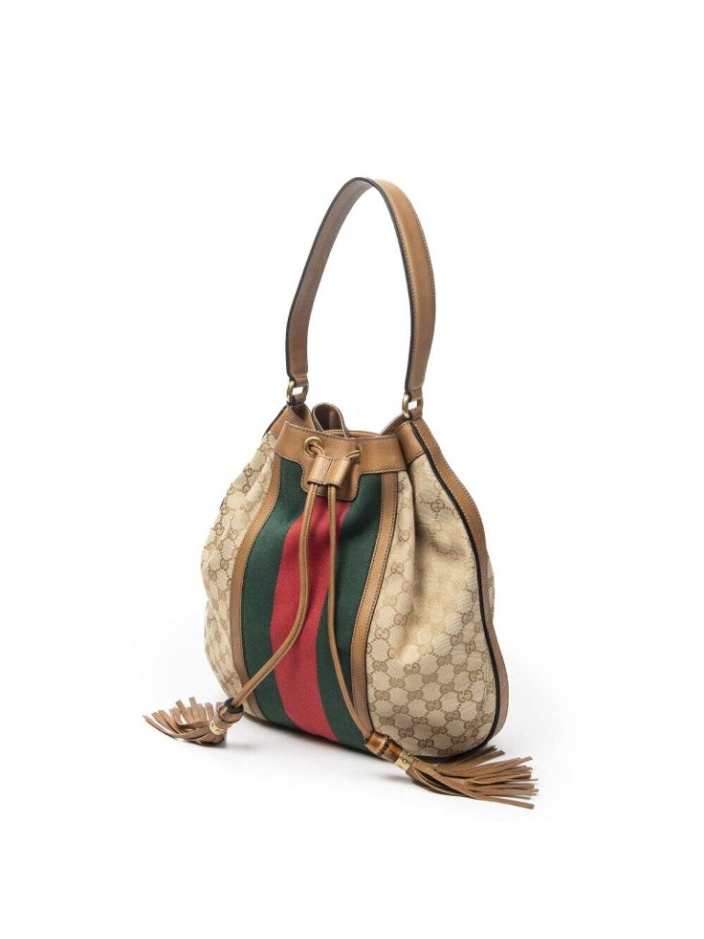 Gucci Web Rania Drawstring Hobo Tan Beige GG Canvas - Picture 2 of 10